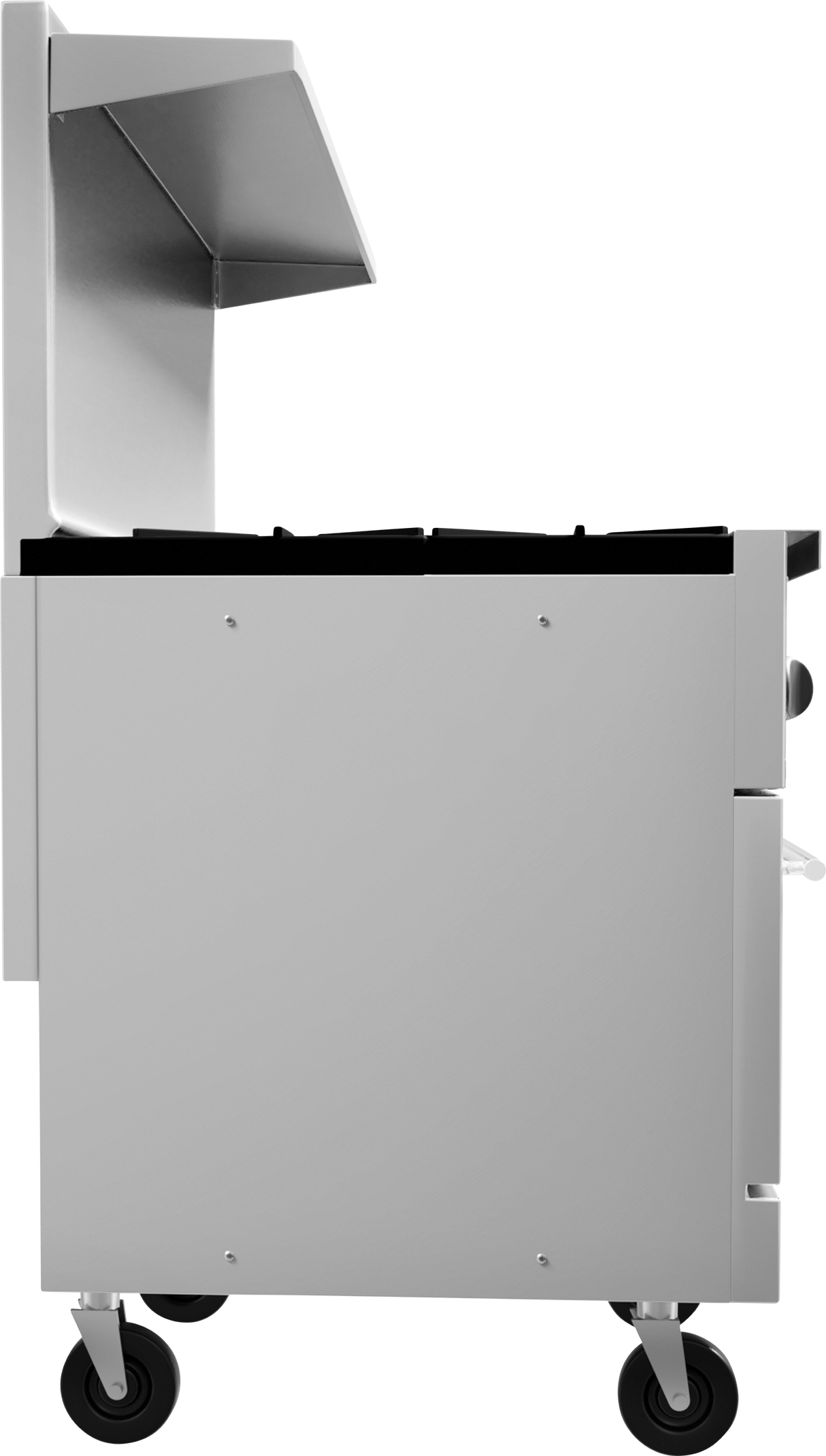 Side view of a silver commercial kitchen appliance with gas burners and black caster wheels, featuring a partially open stainless steel lid. The boxy, industrial design is ideal as a restaurant range, with black burner grates and a side control knob.