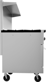 Side view of a silver commercial kitchen appliance with gas burners and black caster wheels, featuring a partially open stainless steel lid. The boxy, industrial design is ideal as a restaurant range, with black burner grates and a side control knob.