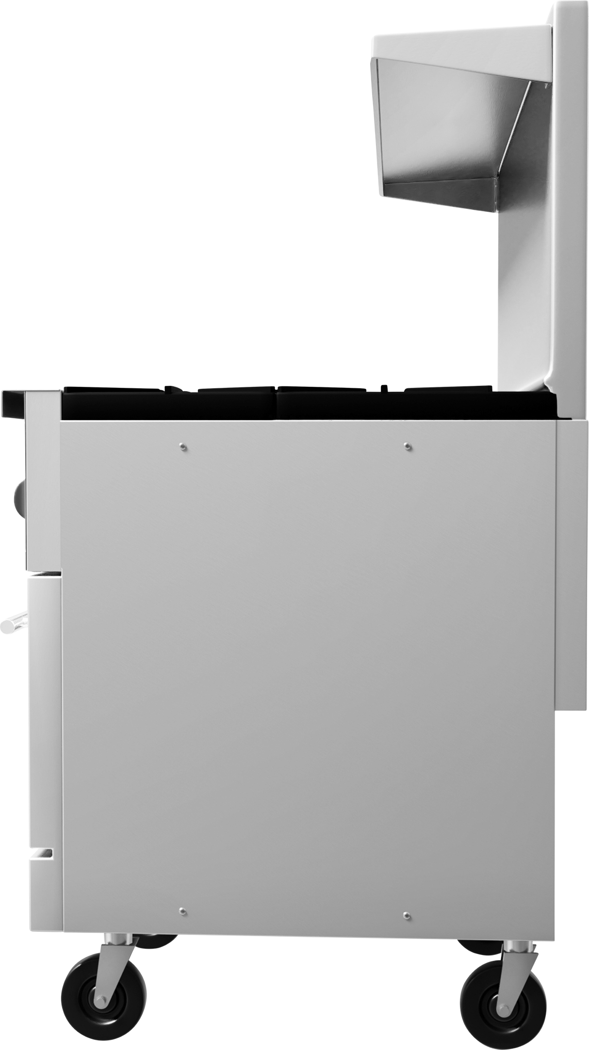 A stainless steel mobile food cart with a rectangular body and four black caster wheels features an angled upper section, likely for holding items. The top surface is flat, resembling those found on restaurant range units. Visible fasteners line the side. Plain white background.