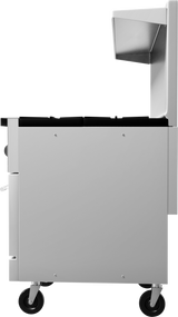 A stainless steel mobile food cart with a rectangular body and four black caster wheels features an angled upper section, likely for holding items. The top surface is flat, resembling those found on restaurant range units. Visible fasteners line the side. Plain white background.