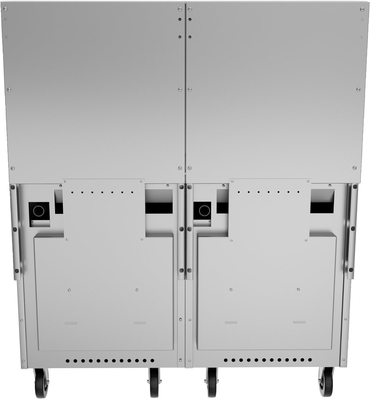 Rear view of a large, industrial metal restaurant range on wheels, featuring two main panels with ventilation slots, screws, and rectangular access doors. Two circular ports and black horizontal openings are visible near the top center of each panel.