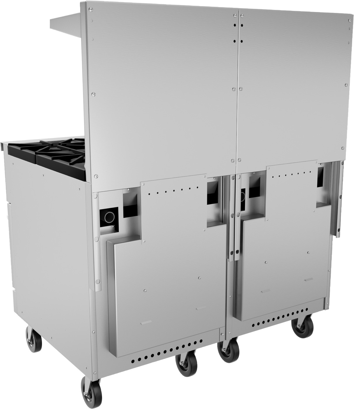 A large stainless steel restaurant range on six caster wheels, viewed from the back and side. The range features two sections, panel covers with ventilation slots, handles, standard ovens, and visible gas burners on the left. The surface is clean and industrial.