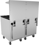 A large stainless steel restaurant range on six caster wheels, viewed from the back and side. The range features two sections, panel covers with ventilation slots, handles, standard ovens, and visible gas burners on the left. The surface is clean and industrial.
