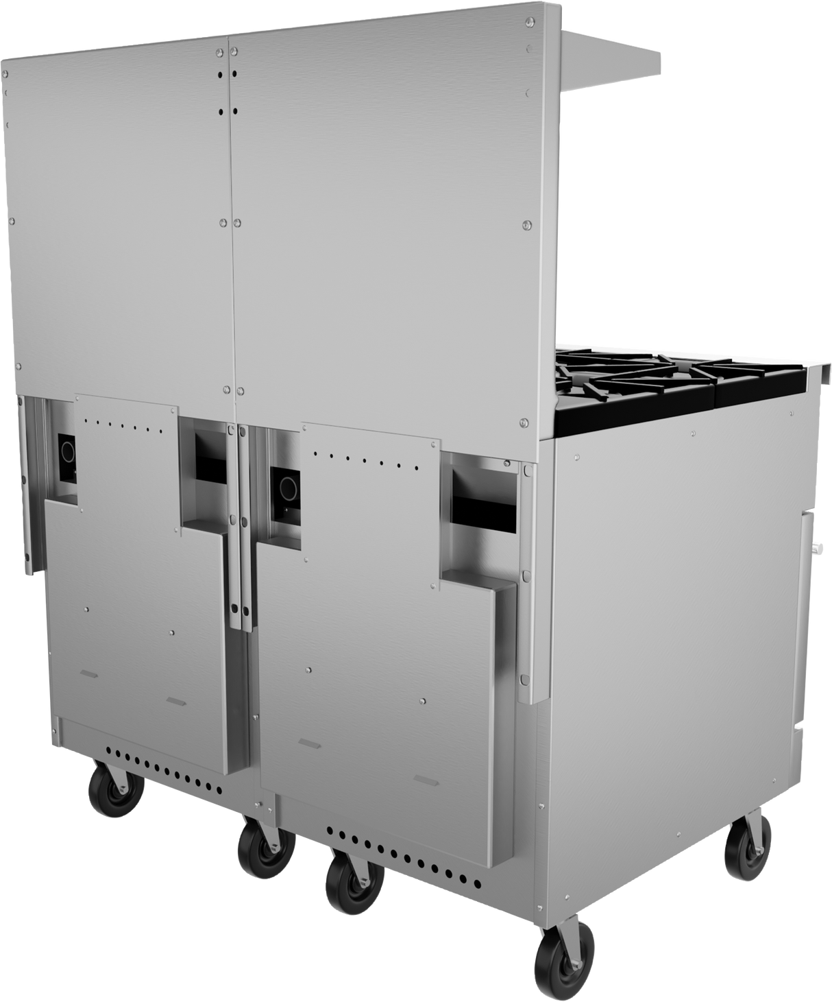 A commercial stainless steel restaurant range with two compartments, four swivel caster wheels, side handles, and a flat top surface partially covered by a raised panel; part of the cooking surface with black gas burners is visible.