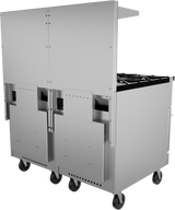 A large, industrial stainless steel restaurant range with multiple gas burners and two back panels, mounted on four caster wheels for easy mobility. The design is utilitarian and modern, featuring open access panels and a sturdy, functional appearance.
