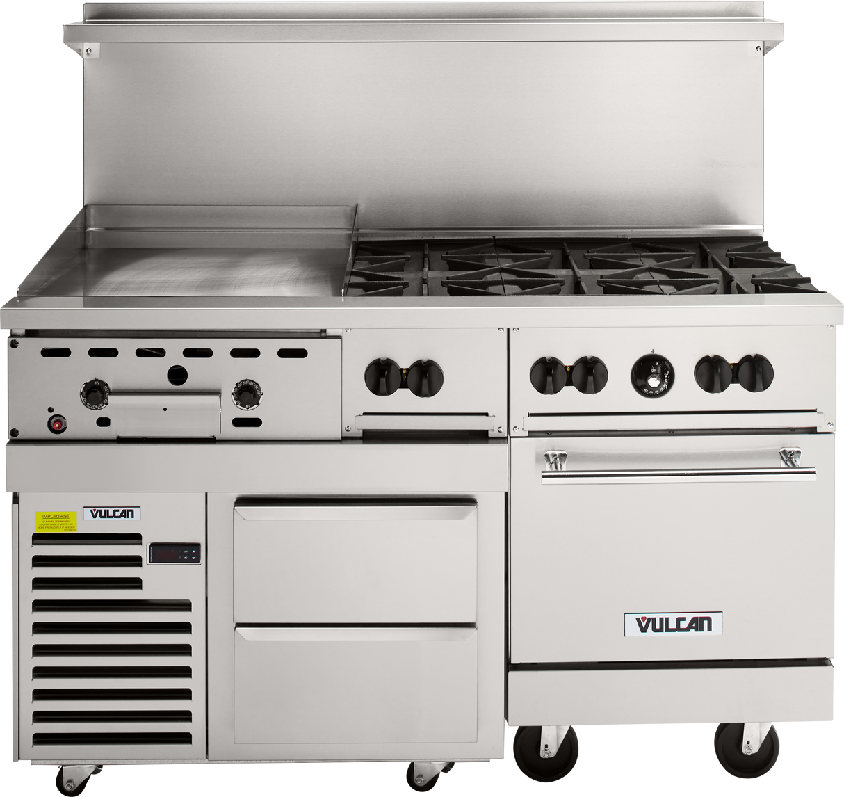 A large commercial stainless steel restaurant range with a gas griddle, six-burner stovetop, two drawers, oven, temperature knobs, and bottom-left ventilation. The Vulcan unit is mounted on wheels and ideal for demanding kitchen environments.