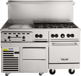 A large commercial stainless steel restaurant range with a gas griddle, six-burner stovetop, two drawers, oven, temperature knobs, and bottom-left ventilation. The Vulcan unit is mounted on wheels and ideal for demanding kitchen environments.