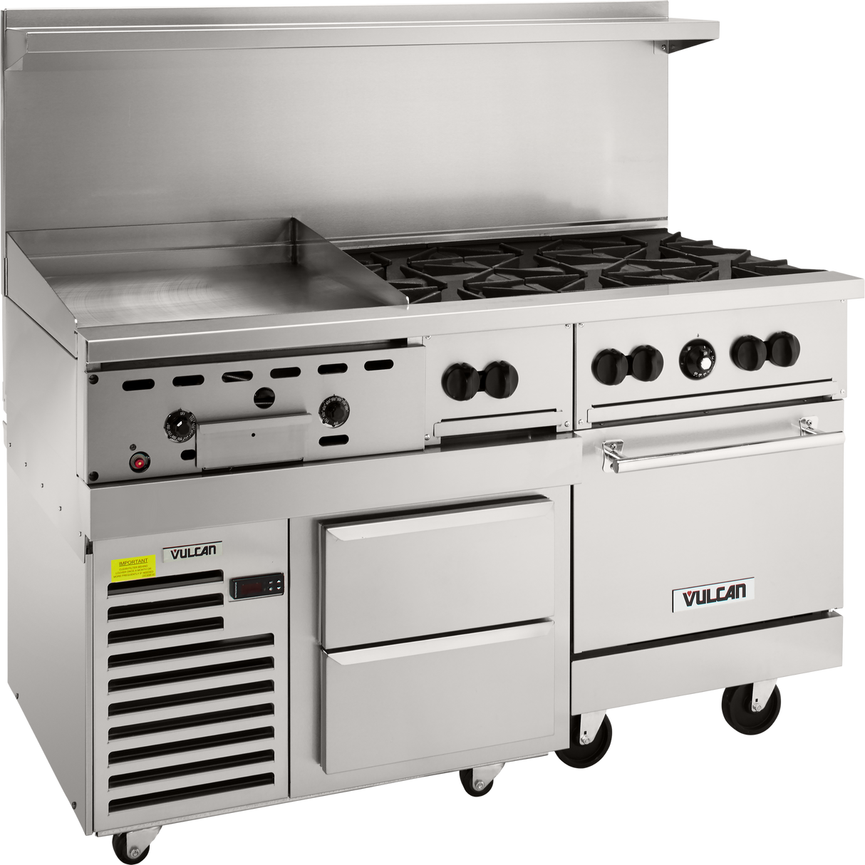 A commercial stainless steel restaurant range featuring a flat gas griddle, six gas burners, dual control panels with knobs, two spacious drawers, an oven, and a refrigerated base on wheels. The “Vulcan” brand is displayed on the bottom right.