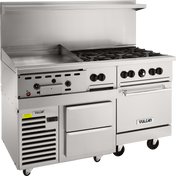 A commercial stainless steel restaurant range featuring a flat gas griddle, six gas burners, dual control panels with knobs, two spacious drawers, an oven, and a refrigerated base on wheels. The “Vulcan” brand is displayed on the bottom right.