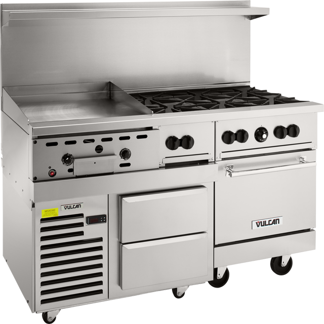 A commercial stainless steel restaurant range featuring a flat gas griddle, six gas burners, dual control panels with knobs, two spacious drawers, an oven, and a refrigerated base on wheels. The “Vulcan” brand is displayed on the bottom right.