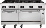 A large commercial stainless steel Vulcan restaurant range features eight gas burners on top, two oven doors with horizontal handles below, front control knobs, and the entire unit mounted on wheels for mobility.