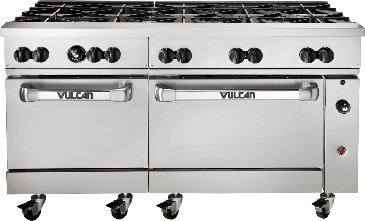 A large commercial stainless steel Vulcan restaurant range with two ovens, six gas burners, two grill plates, control knobs, handles, and wheels for mobility—designed for professional kitchen use.