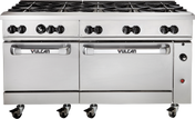 A large commercial stainless steel Vulcan restaurant range with two ovens, six gas burners, two grill plates, control knobs, handles, and wheels for mobility—designed for professional kitchen use.