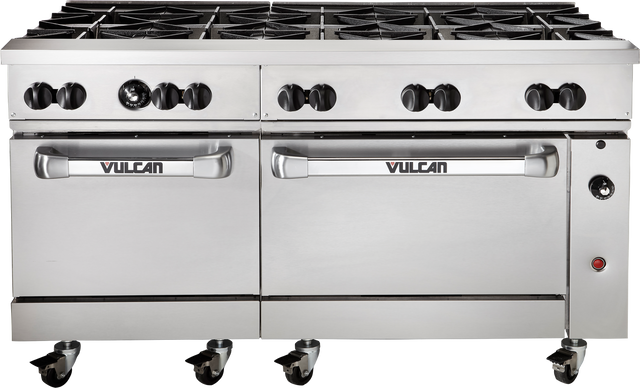 A large commercial stainless steel Vulcan restaurant range with two ovens, six gas burners, two grill plates, control knobs, handles, and wheels for mobility—designed for professional kitchen use.