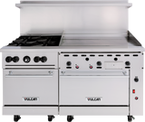 A commercial stainless steel restaurant range with four burner knobs, an oven door on the left, a gas griddle surface on the right, ventilation back panel, Vulcan logo labels on both doors, and wheels for easy mobility.