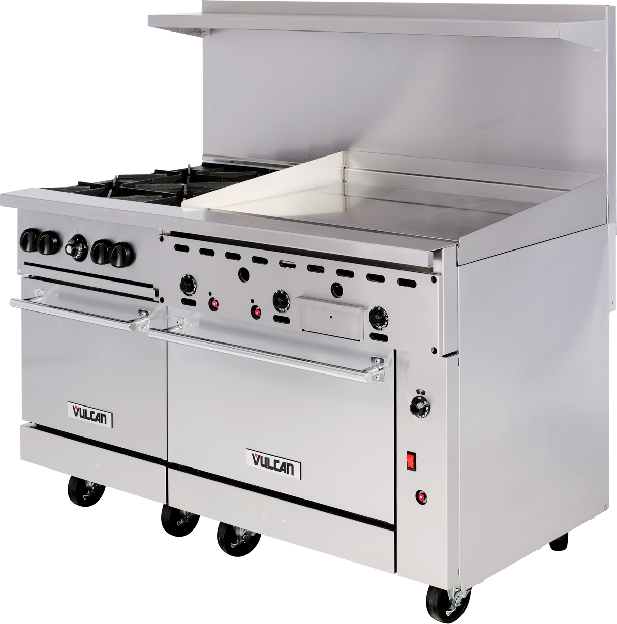 A commercial stainless steel Vulcan restaurant range with four gas burners, a large gas griddle, dual ovens below, control knobs on the front panel, a backsplash with shelf, and caster wheels for mobility.