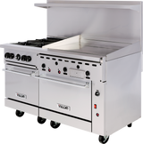 A commercial stainless steel Vulcan restaurant range with four gas burners, a large gas griddle, dual ovens below, control knobs on the front panel, a backsplash with shelf, and caster wheels for mobility.