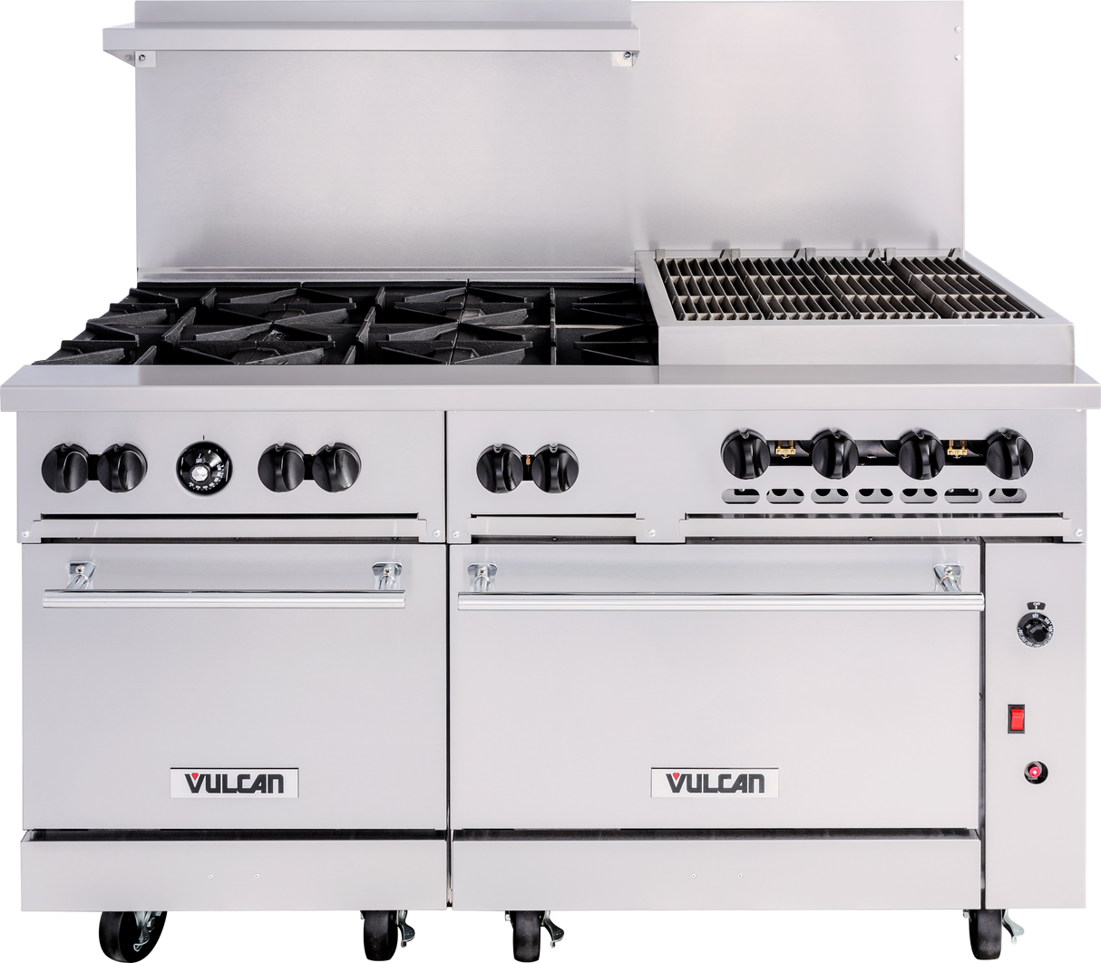 A commercial stainless steel Vulcan restaurant range featuring six open burners on the left, a raised charbroiler grill on the right, multiple control knobs, dual oven doors below, a backsplash, and caster wheels for mobility.