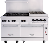 A commercial stainless steel Vulcan restaurant range featuring six open burners on the left, a raised charbroiler grill on the right, multiple control knobs, dual oven doors below, a backsplash, and caster wheels for mobility.