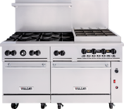 A commercial stainless steel Vulcan restaurant range featuring six open burners on the left, a raised charbroiler grill on the right, multiple control knobs, dual oven doors below, a backsplash, and caster wheels for mobility.