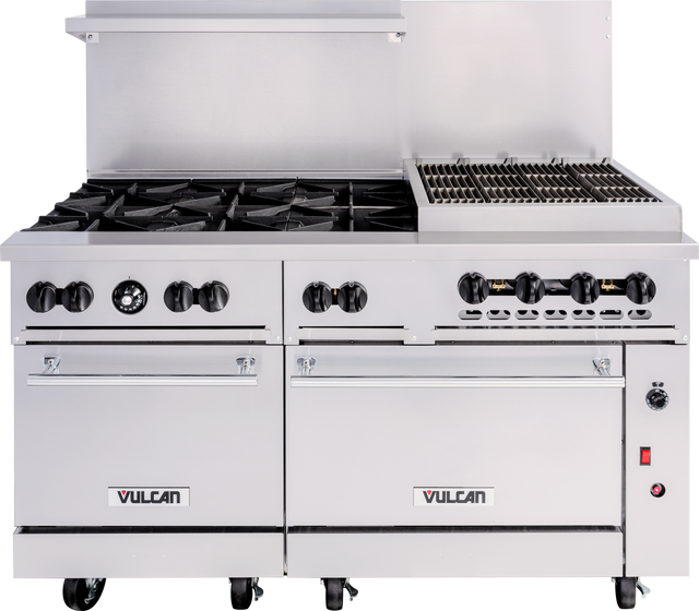 A commercial stainless steel Vulcan restaurant range featuring six open burners on the left, a raised charbroiler grill on the right, multiple control knobs, dual oven doors below, a backsplash, and caster wheels for mobility.