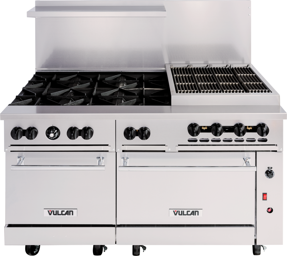 A large, stainless steel restaurant range with eight natural gas burners on the left, a flat-top grill on the right, two oven doors below, control knobs above each oven, and the brand name “Vulcan” on both oven doors.