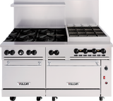A large, stainless steel restaurant range with eight natural gas burners on the left, a flat-top grill on the right, two oven doors below, control knobs above each oven, and the brand name “Vulcan” on both oven doors.