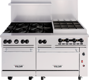 A large, stainless steel restaurant range with eight natural gas burners on the left, a flat-top grill on the right, two oven doors below, control knobs above each oven, and the brand name “Vulcan” on both oven doors.