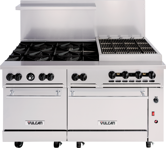 A large, stainless steel restaurant range with eight natural gas burners on the left, a flat-top grill on the right, two oven doors below, control knobs above each oven, and the brand name “Vulcan” on both oven doors.