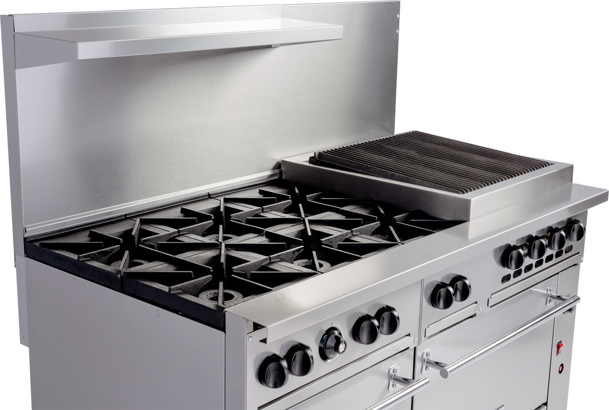 A stainless steel restaurant range features six open burners on the left, a flat-top griddle on the right, multiple control knobs, an oven below, and a backsplash with a shelf above. The surfaces are clean and the design is industrial.