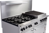 A stainless steel restaurant range features six open burners on the left, a flat-top griddle on the right, multiple control knobs, an oven below, and a backsplash with a shelf above. The surfaces are clean and the design is industrial.