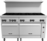 A large commercial stainless steel restaurant range by Vulcan featuring eight burners, two ovens with handles, control knobs along the front, a raised backsplash, and four black caster wheels at the bottom for mobility. LP gas compatible.