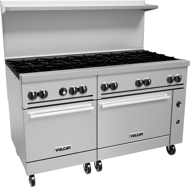 A large commercial stainless steel restaurant range with eight burners, two oven doors, a backsplash, and caster wheels. The control knobs are on the front panel, and the “Vulcan” brand logo is visible on both oven doors. Uses natural gas.