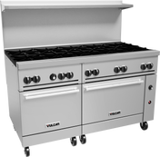 A large commercial stainless steel restaurant range with eight burners, double oven doors, control knobs, a backsplash, and mounted on wheels. Powered by natural gas, the Vulcan brand name is visible on both oven doors.