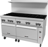 A large stainless steel commercial restaurant range with eight burners, two oven doors, control knobs, and caster wheels. An overhead stainless steel shelf is attached at the back. The Vulcan natural gas oven brand is visible on both doors.