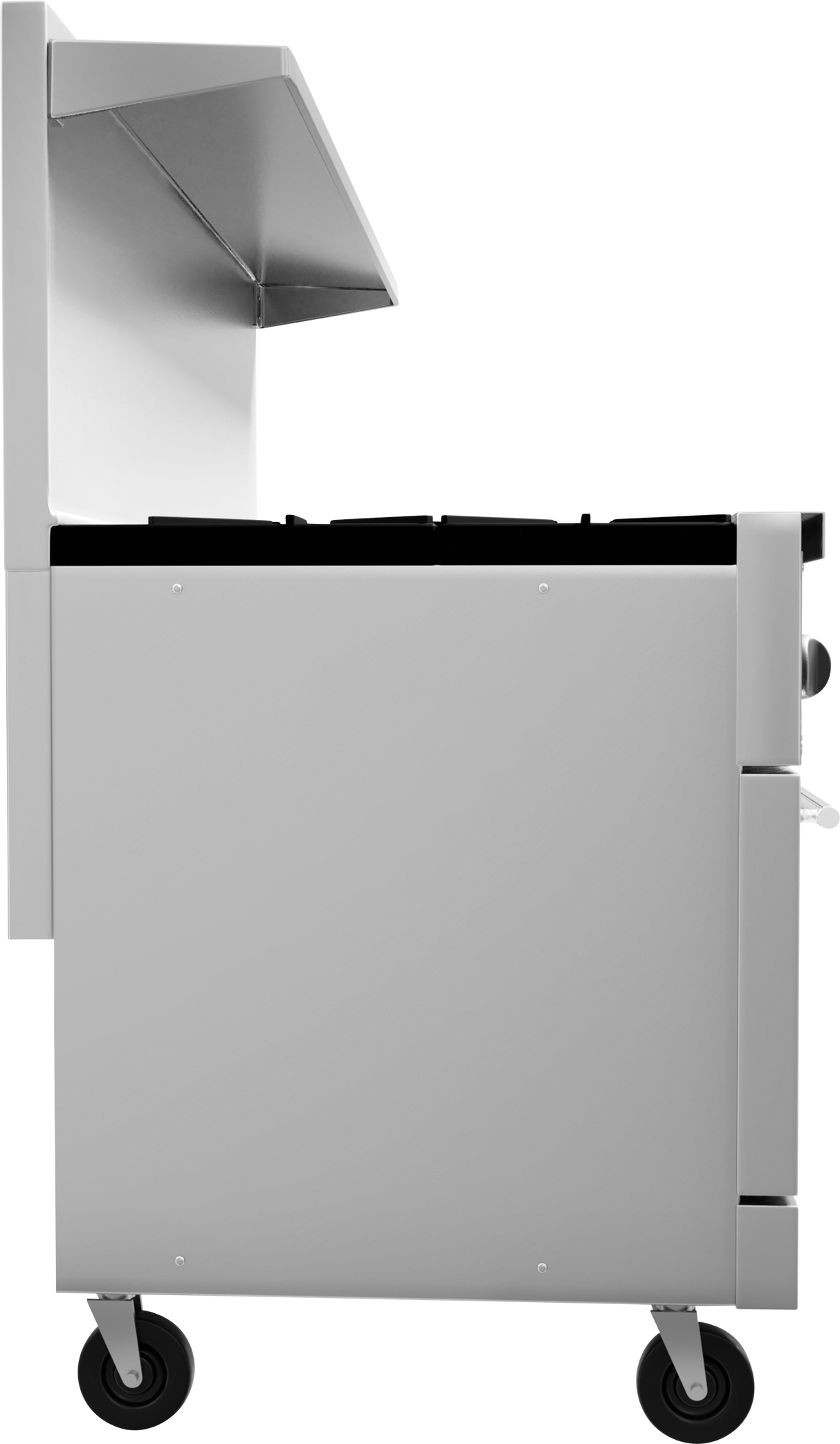 Side view of a stainless steel kitchen grill or restaurant range on four black caster wheels. It features a raised lid, control knob, and modern, boxy design with minimal detailing. Ideal for professional kitchens using LP gas. Plain white background.