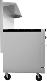 Side view of a modern, metallic utility cart with two black wheels and a flat top surface. With clean lines and minimalist design, it’s ideal for storage or transport in professional settings like a restaurant range with 10 burners using natural gas.