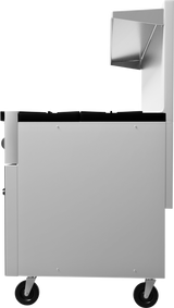 A side view of a modern, stainless steel cart with two black wheels. Resembling a restaurant range, it features a rectangular structure and raised metallic compartment, perfect for supporting up to 10 burners fueled by natural gas. The design is sleek and industrial.