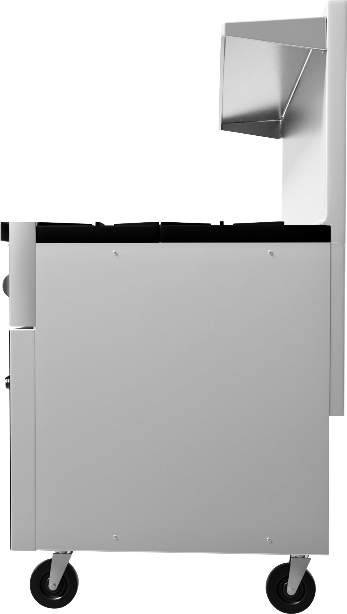 A side view of a stainless steel food cart with two black wheels, a folded side tray, and a raised sneeze guard. Featuring a modern, industrial design, it resembles the sleek style of a restaurant range powered by natural gas.