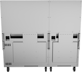 The image shows the back view of two large, silver metal cabinets on wheels, positioned side by side—typical of a restaurant range. Each cabinet has vent holes, panels, screws, and black circular ports on the upper sections.