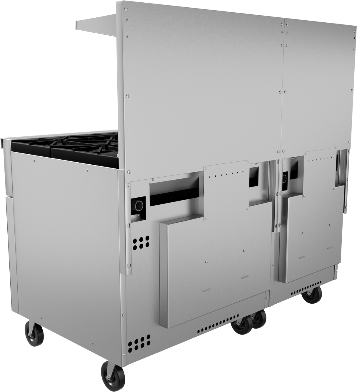 A commercial stainless steel restaurant range with wheels, multiple compartments, and vents. The left section features 10 burners with visible stove grates, while the right has flat metal panels and handles. The unit has a raised back panel and a clean, industrial design.