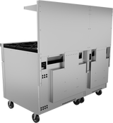 A commercial stainless steel restaurant range with wheels, multiple compartments, and vents. The left section features 10 burners with visible stove grates, while the right has flat metal panels and handles. The unit has a raised back panel and a clean, industrial design.