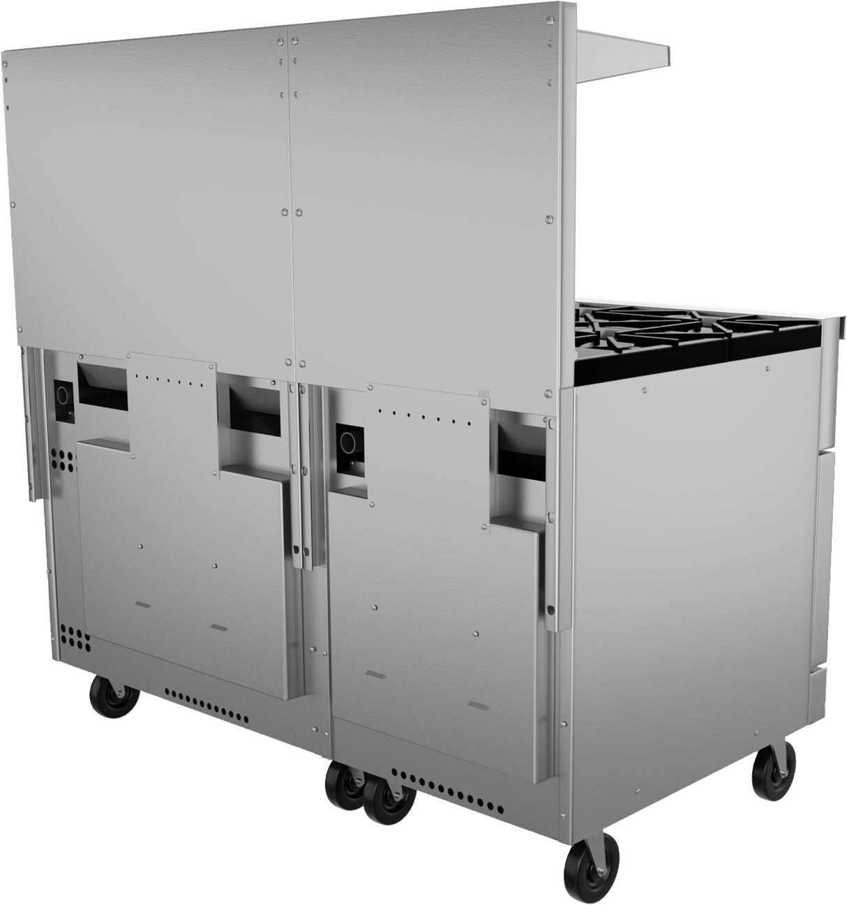 A large 60 inch stainless steel restaurant range on wheels, featuring two LP gas burners on the right and enclosed compartments on the left, with a high rear backsplash and sturdy construction for mobile cooking use.