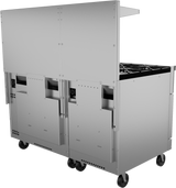 A large 60 inch stainless steel restaurant range on wheels, featuring two LP gas burners on the right and enclosed compartments on the left, with a high rear backsplash and sturdy construction for mobile cooking use.