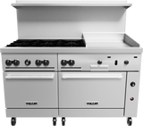 A large commercial stainless steel Vulcan restaurant range with six gas burners, a thermostatic griddle, two ovens below, and a metal backsplash with a raised shelf. Control knobs and caster wheels provide convenience and mobility.