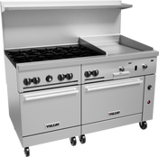 A large stainless steel commercial restaurant range with six gas burners on the left, a flat griddle on the right, two oven doors, multiple control knobs, backsplash, and wheels. This Vulcan 6 burner gas range is perfect for any busy kitchen.