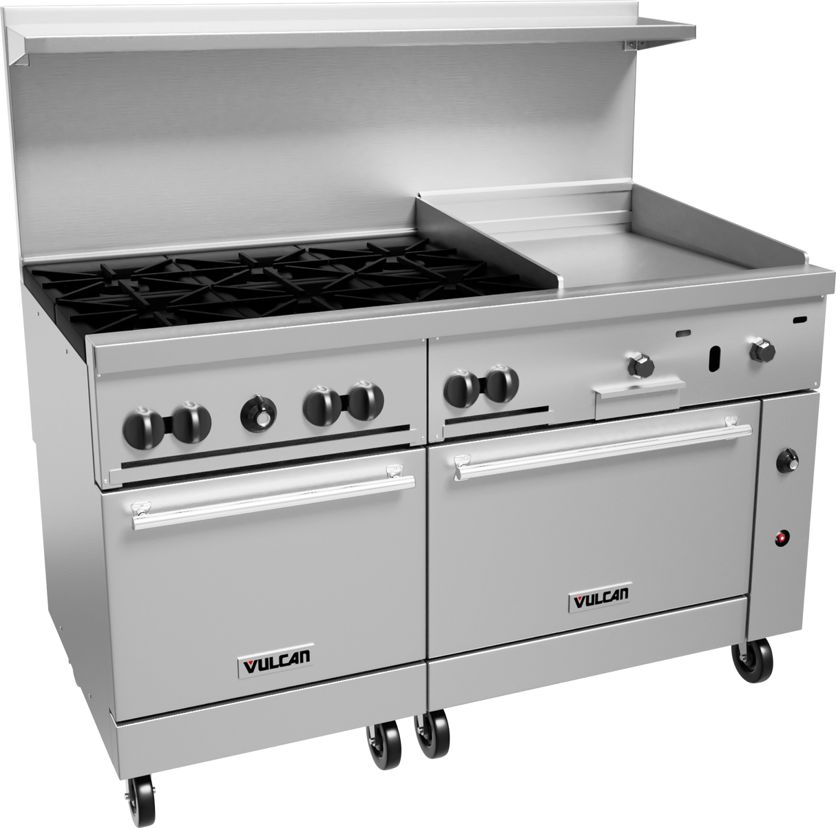 A commercial stainless steel restaurant range with six gas burners, a thermostatic griddle, two ovens below, front control knobs, raised backsplash, and caster wheels. Its sleek, industrial design is built for heavy-duty kitchen use.