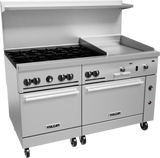 A commercial stainless steel restaurant range with six gas burners, a thermostatic griddle, two ovens below, front control knobs, raised backsplash, and caster wheels. Its sleek, industrial design is built for heavy-duty kitchen use.