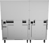 The image shows the back view of a large, industrial metal equipment unit on wheels. The panel features screws, ventilation holes, and access panels, resembling the rear of a restaurant range or thermostatic griddle used in commercial kitchens.