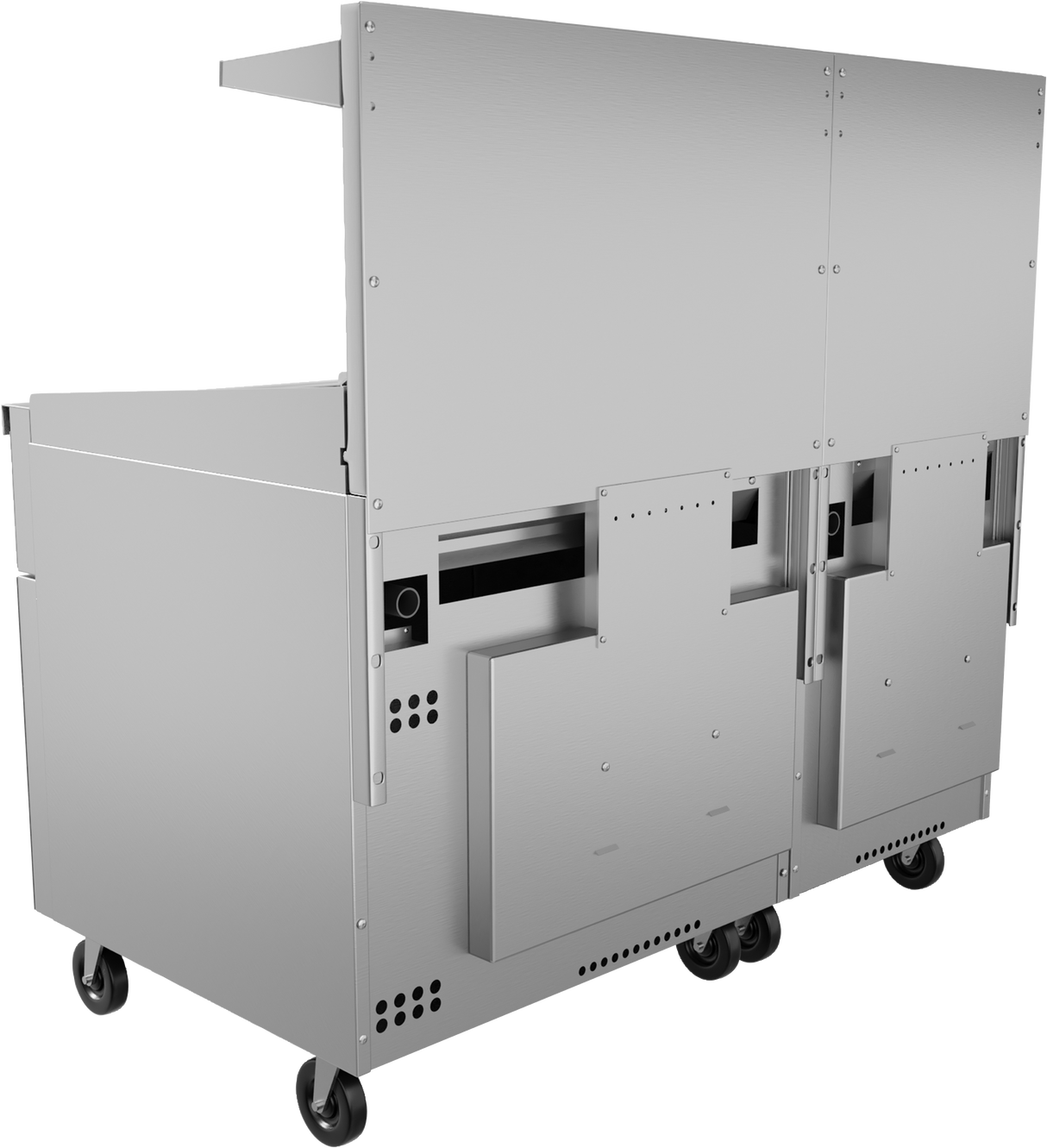 A stainless steel commercial kitchen cart with locking caster wheels, vented panels, and two rectangular compartments or doors on one side—ideal for food prep or storing a thermostatic griddle. The top features an overhanging shelf and a sleek, modern surface.